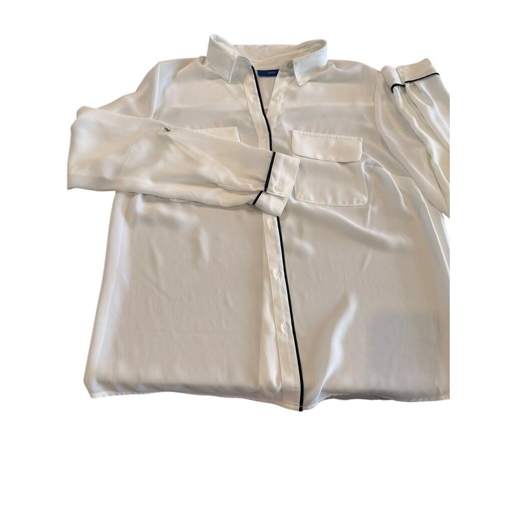 Apt. 9 Womens White Button Down Blouse Black Trim Roll Tab Sleeve Size M